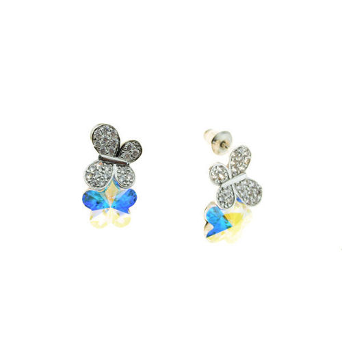 Picture of Crystal Butterfly On Flower Pierced Sterling Silver Post Earrings. Crystal Aurore Boreale (001 Ab) Color