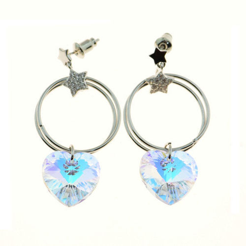 Picture of Crystal Circle Drop Heart Dangle Pierced Earrings. Crystal Aurore Boreale (001 Ab) Color