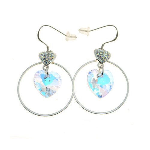 Picture of Crystal Circle In Double Heart Dangle Hook Earrings. Crystal Aurore Boreale (001 Ab) Color