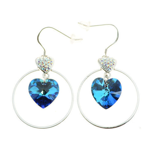 Picture of Crystal Circle In Double Heart Dangle Hook Earrings. Light Turquoise (229) Color