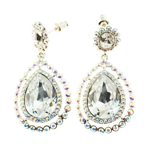 Picture of Crystal Double Teardrop Dangle Pierced Earrings. Crystal Aurore Boreale (001 Ab) Color