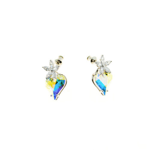 Picture of Crystal Heart And Flower Design Pierced Sterling Silver Post Earrings. Crystal Aurore Boreale (001 Ab) Color