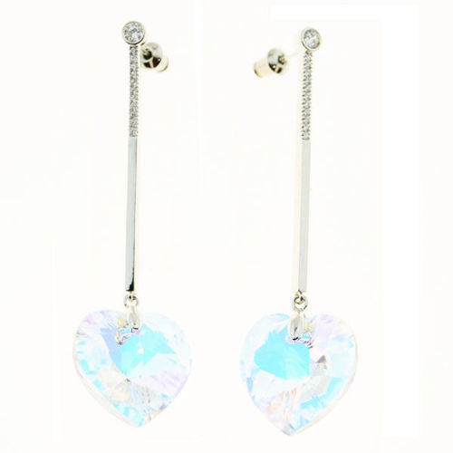 Picture of Crystal Heart Cube Drop Pierced Sterling Silver Post Earrings. Crystal  Color