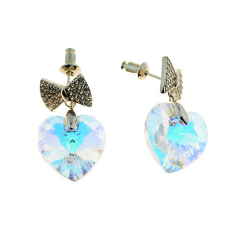 Picture of Crystal Heart Cube Drop Tie Design Pierced Earrings. Crystal Aurore Boreale (001 Ab) Color