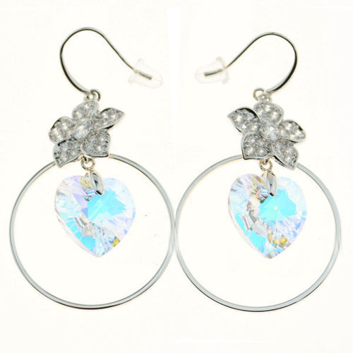 Picture of Crystal Heart In Circle Dangle Flower Shape Earrings. Crystal Aurore Boreale (001 Ab) Color