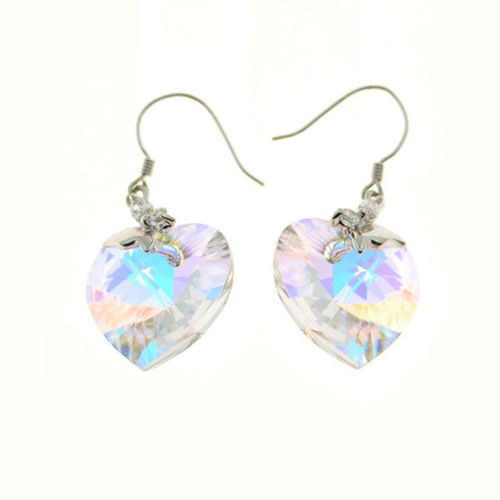 Picture of Crystal Heart Shape Dangle Pierced Hook Earrings. Crystal Aurore Boreale (001 Ab) Color