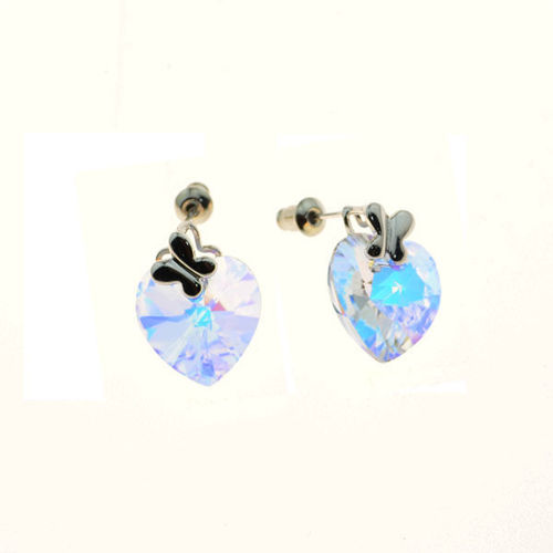 Picture of Crystal Heart Shape Pierced Sterling Silver Post Earrings. Crystal Aurore Boreale (001 Ab) Color