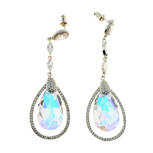 Picture of Crystal Large Double Teardrop Dangle Pierced Earrings. Crystal Aurore Boreale (001 Ab) Color