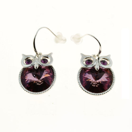 Picture of Crystal Owl Dangle Earrings. Amethyst (204) Color