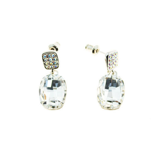 Picture of Crystal Rectangle Shape Dangle Pierced Sterling Silver Earrings. Crystal  Color