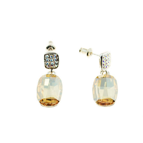 Picture of Crystal Rectangle Shape Dangle Pierced Sterling Silver Earrings. Topaz (203) Color