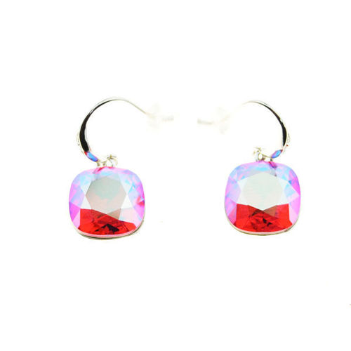 Picture of Crystal Square Dangle Pierced Hook Earrings. Crystal Red Magma (001 Redm) Color