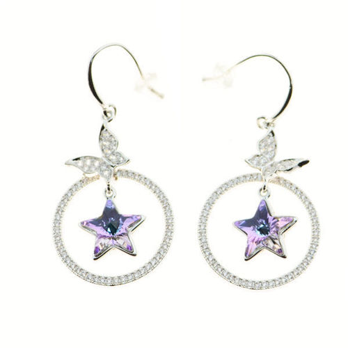 Picture of Crystal Star In Circle Top Butterfly Hook Earrings. Crystal Aurore Boreale (001 antp) Color