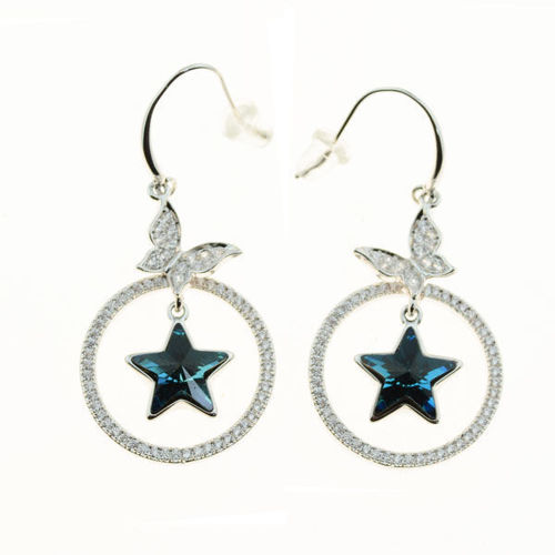 Picture of Crystal Star In Circle Top Butterfly Hook Earrings. Light Turquoise (207) Color