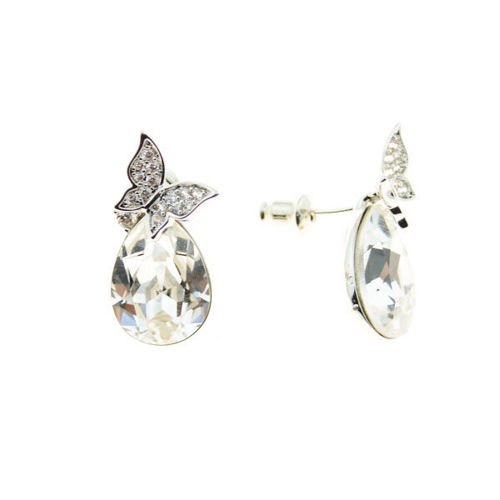 Picture of Crystal Teardrop On Butterfly Pierced Sterling Silver Post Earrings. Crystal  Color