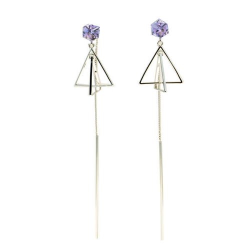 Picture of Crystal Triangle Dangle Drop Chaining Poerced Earrings. Aquamarine (539) Color