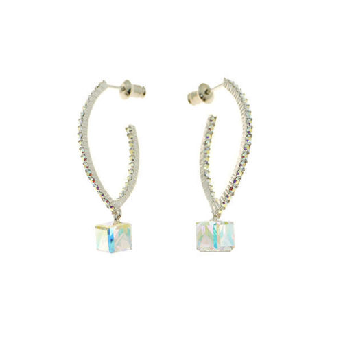 Picture of Crystl Cube Square Dangle Pierced Bella Earrings. Crystal Aurore Boreale (001 Ab) Color