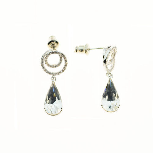 Picture of Crystsl Teardrop Dangle Pierced Sterling Silver Post Earrings. Crystal  Color