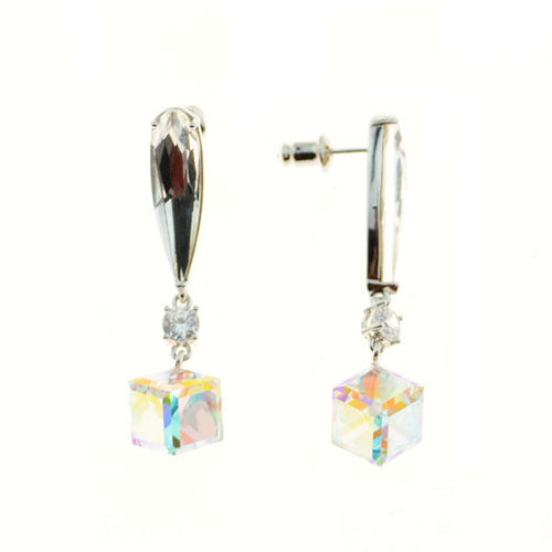 Picture of Cube Drop Pierced Earrings Crystal From Swrovski. Crystal Aurore Boreale (001 Ab) Color