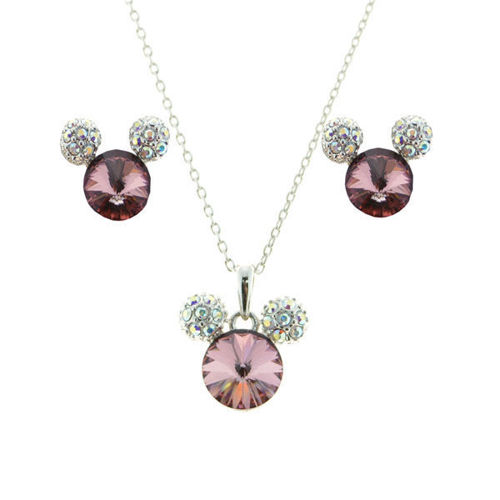 Picture of Crystal Mikey Mouse Design Necklace And Earrings Set Of 3. Amethyst (204) Color