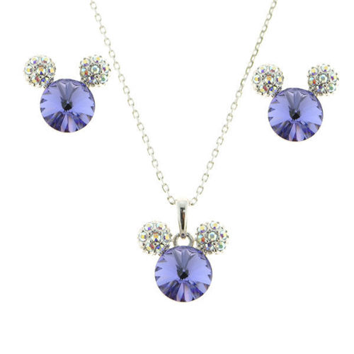Picture of Crystal Mikey Mouse Design Necklace And Earrings Set Of 3. Purple Velvet(277)  Color