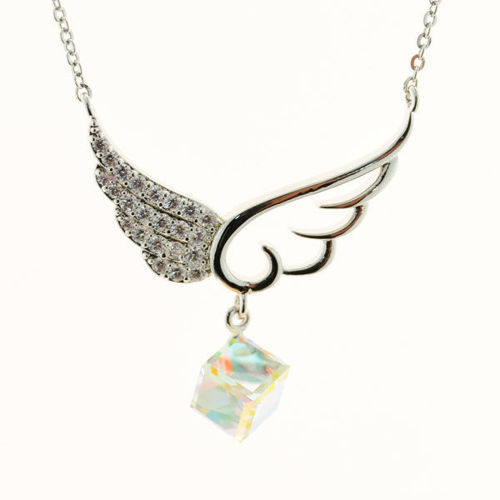 Picture of Crystal Angle Wing With Cube Square Necklace. Crystal Aurore Boreale (001 Ab) Color