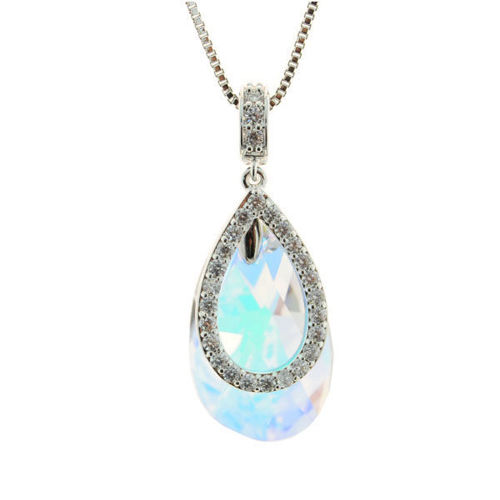Picture of Crystal Double Teardrop Shape Necklace. Crystal Aurore Boreale (001 Ab) Color