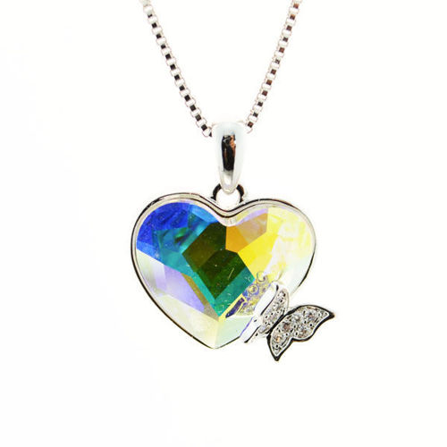 Picture of Crystal Heart On Butterfly Shape Necklace. Crystal Aurore Boreale (001 Ab) Color