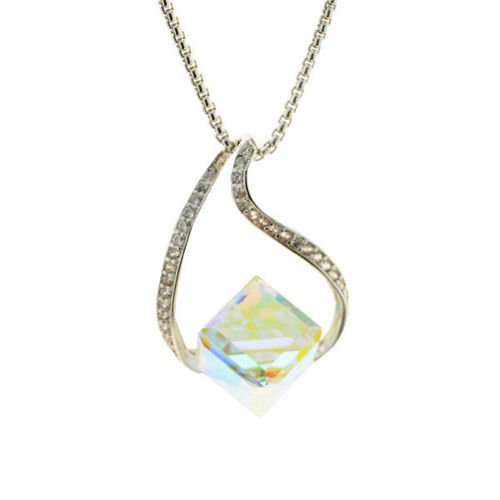 Picture of Crystal Water Droplet Shape On Cube Square Necklace. Crystal Aurore Boreale (001 Ab) Color