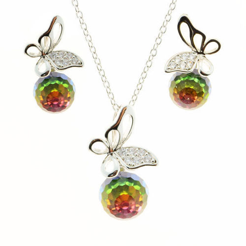 Picture of Crystal  Butterfly Design Necklace And Earrings Set Of 3. Crystal Vitrail Medium (001 VM) Color