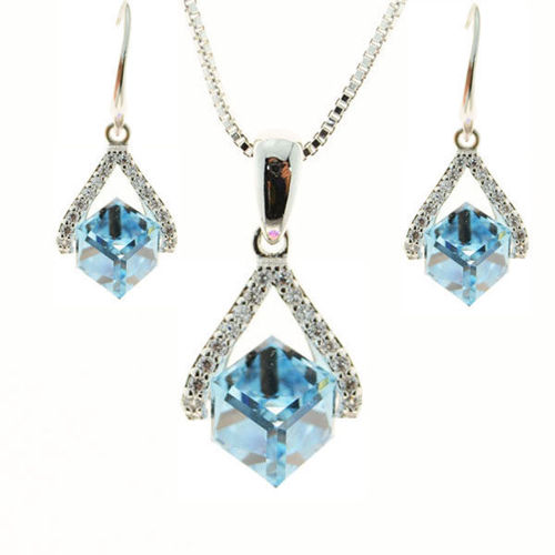 Picture of Crystal Necklace And Earrings Set Of 3. Aquamarine (202) Color