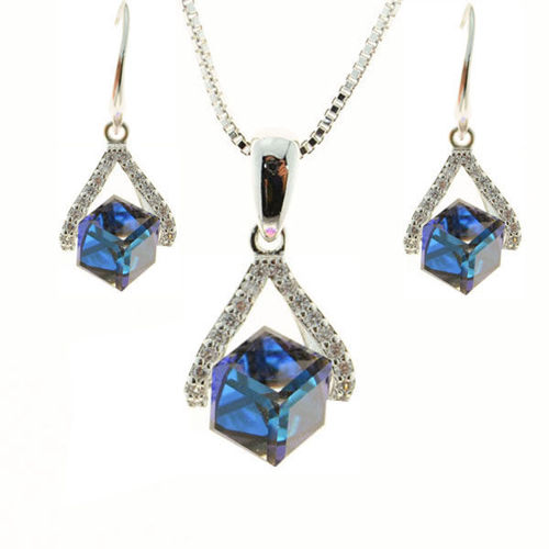 Picture of Crystal Necklace And Earrings Set Of 3. Capri Blue (243) Color