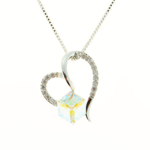 Picture of Crystal Heart On Cube Square Necklace. Crystal Aurore Boreale (001 Ab) Color