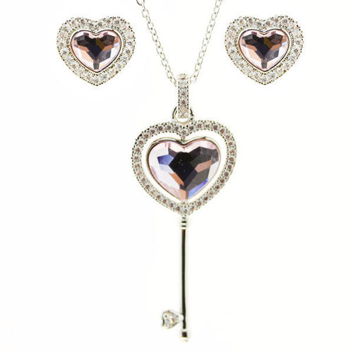 Picture of Crystal heart key design Necklace And heart design Earrings Set Of 3.Light Rose color (223)