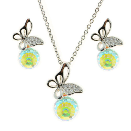 Picture of Crystal  Butterfly Design Necklace And Earrings. Set of 3 Crystal Aurore Boreale color (001ab)