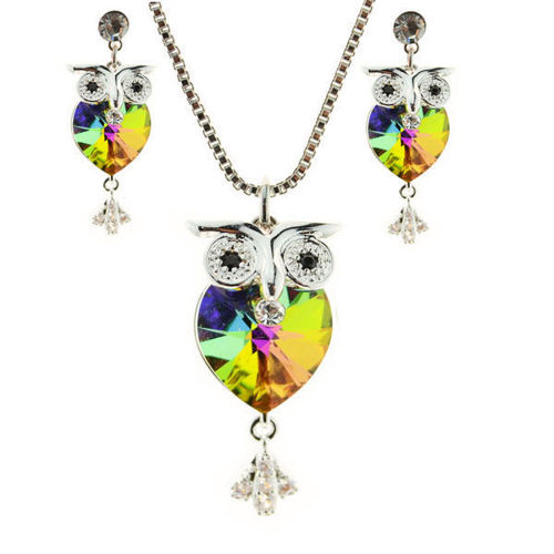 Picture of Crystal Owl   Design Necklace And Earrings Set of 3 Crystal Vitrail Medium color (001vm)