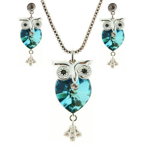 Picture of Crystal Owl   Design Necklace And Earrings set of 3 Indicolite (379)color