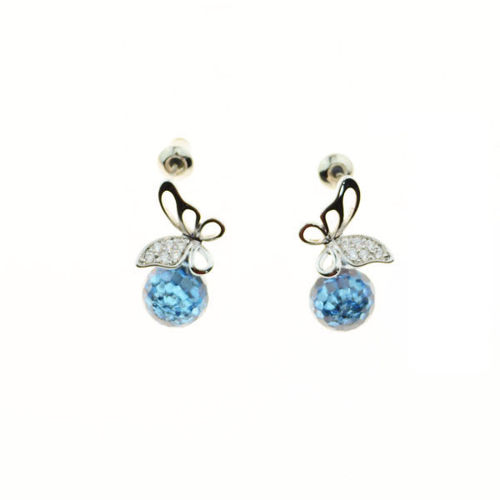 Picture of Crystal Ball On Butterfly Shap Earrings. Aquamarine (202) Color