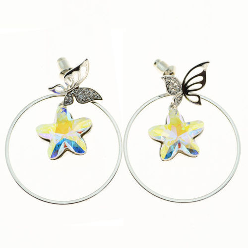 Picture of Crystal Circle In Star Butterfly Design Pierced Earrings. Crystal Aurore Boreale (001 Ab) Color