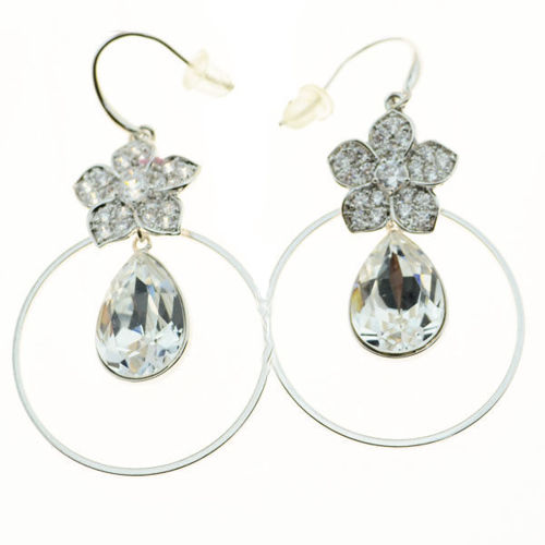 Picture of Crystal Circle In Teardrop Dangle Flower Shape Pierced Earrings. Crystal  Color