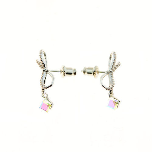 Picture of Crystal Cube Dangle Ribbon Shape Pierced Sterling Silver Post Earrings. Crystal Aurore Boreale (001 Ab) Color