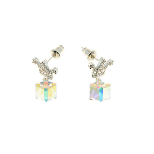 Picture of Crystal Cube Drop Crown Design Earrings. Crystal Aurore Boreale (001 Ab) Color