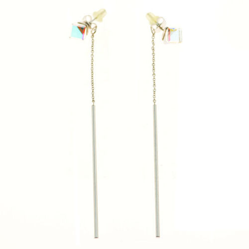 Picture of Crystal Cube Drop Dangle Earrings. Crystal Aurore Boreale (001 Ab) Color