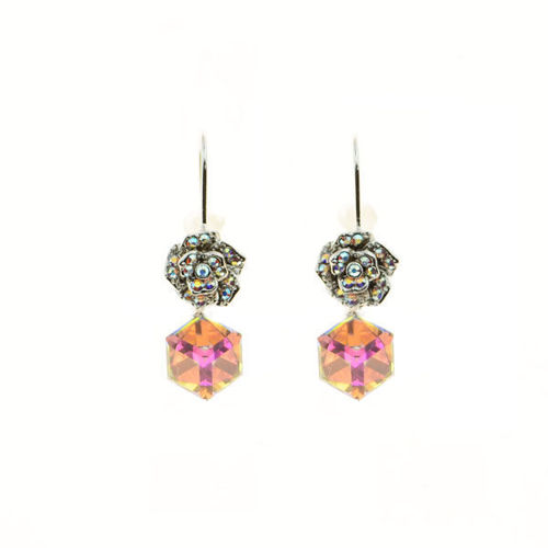 Picture of Crystal Cube Drop Flower Shape Earrings. Crystal Aurore Boreale (001 Ab) Color