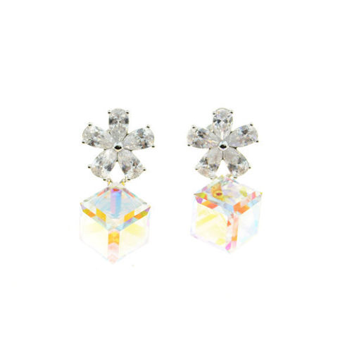 Picture of Crystal Cube Drop Pierced Earrings. Crystal Aurore Boreale (001 Ab) Color