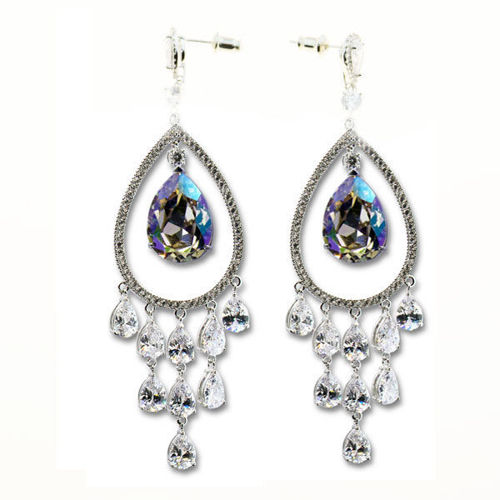 Picture of Crystal Cube Drop Teardrop Pierced Bella Post Earrings. Crystal Aurore Boreale (001 Ab) Color