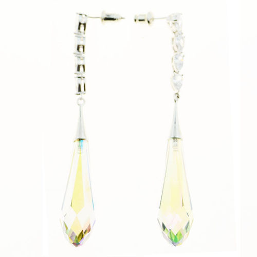 Picture of Crystal Cube Teardrop Dangle Pierced Sterling Silver Post Bella Earrings. Crystal Aurore Boreale (001 Ab) Color