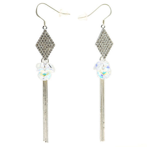 Picture of Crystal Diamond Shape Drop Dangle Pierced Earrings. Crystal Aurore Boreale (001 Ab) Color