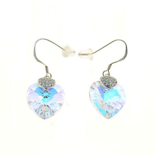 Picture of Crystal Double Heart Dangle Pierced Sterling Silver Hook Earrings. Crystal Aurore Boreale (001 Ab) Color