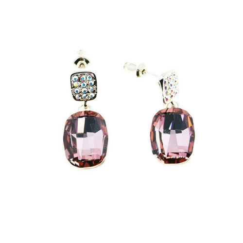 Picture of Crystal Rectangle Shape Dangle Pierced Sterling Silver Earrings. Amethyst (204) Color